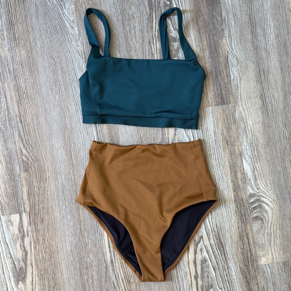 Left On Friday Two-Piece High-Waist Bikini in Teal and Brown
